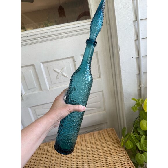 Vintage MCM Empoli Italy Glass Bottle Decanter Turquoise Blue Hobnail Bubble 22" - Picture 4 of 16